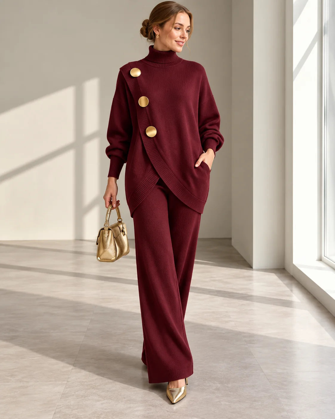 Maureen Button Turtleneck Two-Piece Set in Wine Red