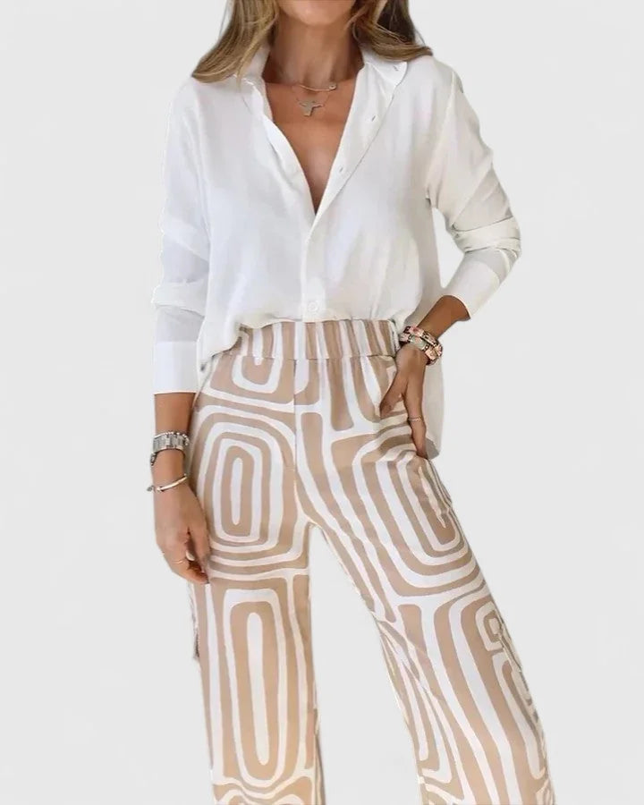 Melanie Geometric Print Two-Piece Set in Khaki