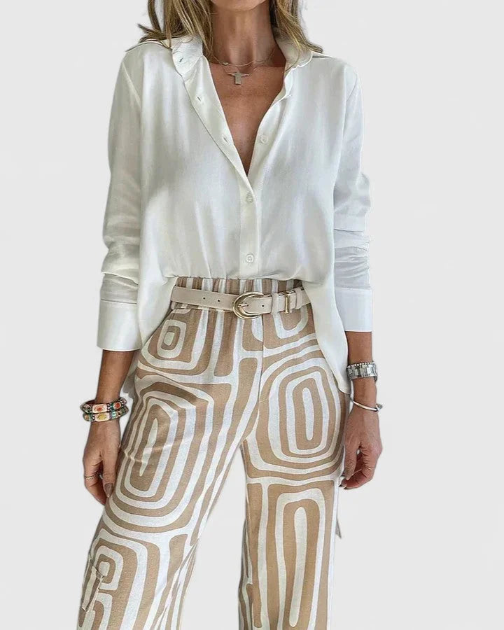 Melanie Geometric Print Two-Piece Set in Khaki