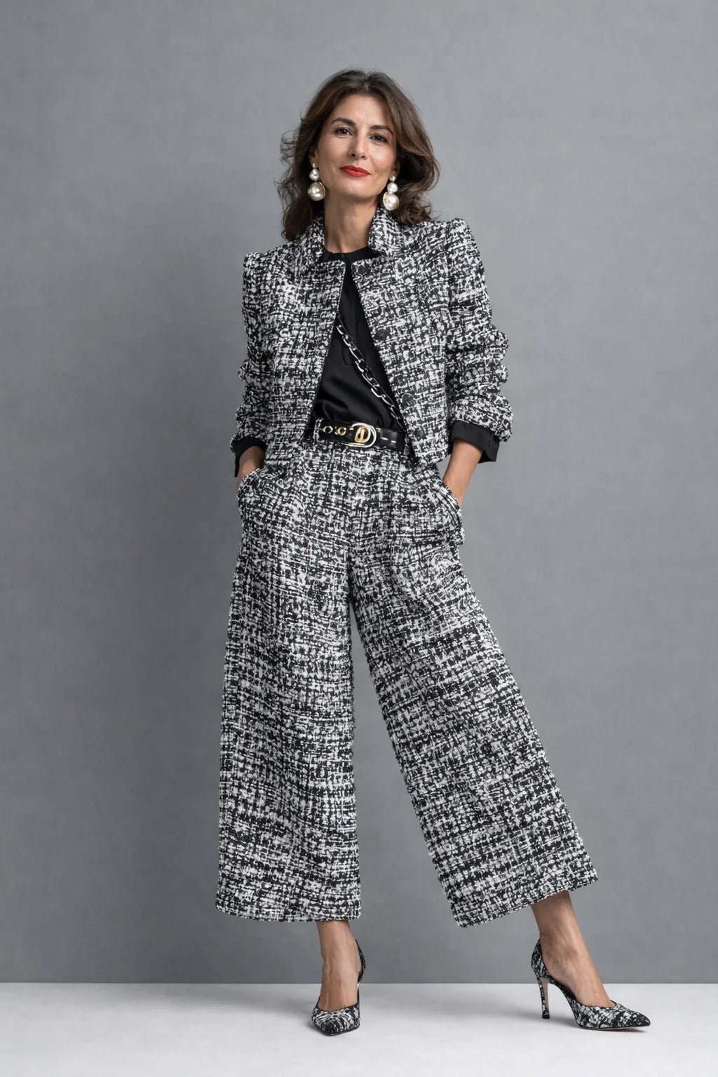 Meredith Textured Cropped Jacket Two-Piece Set in Black