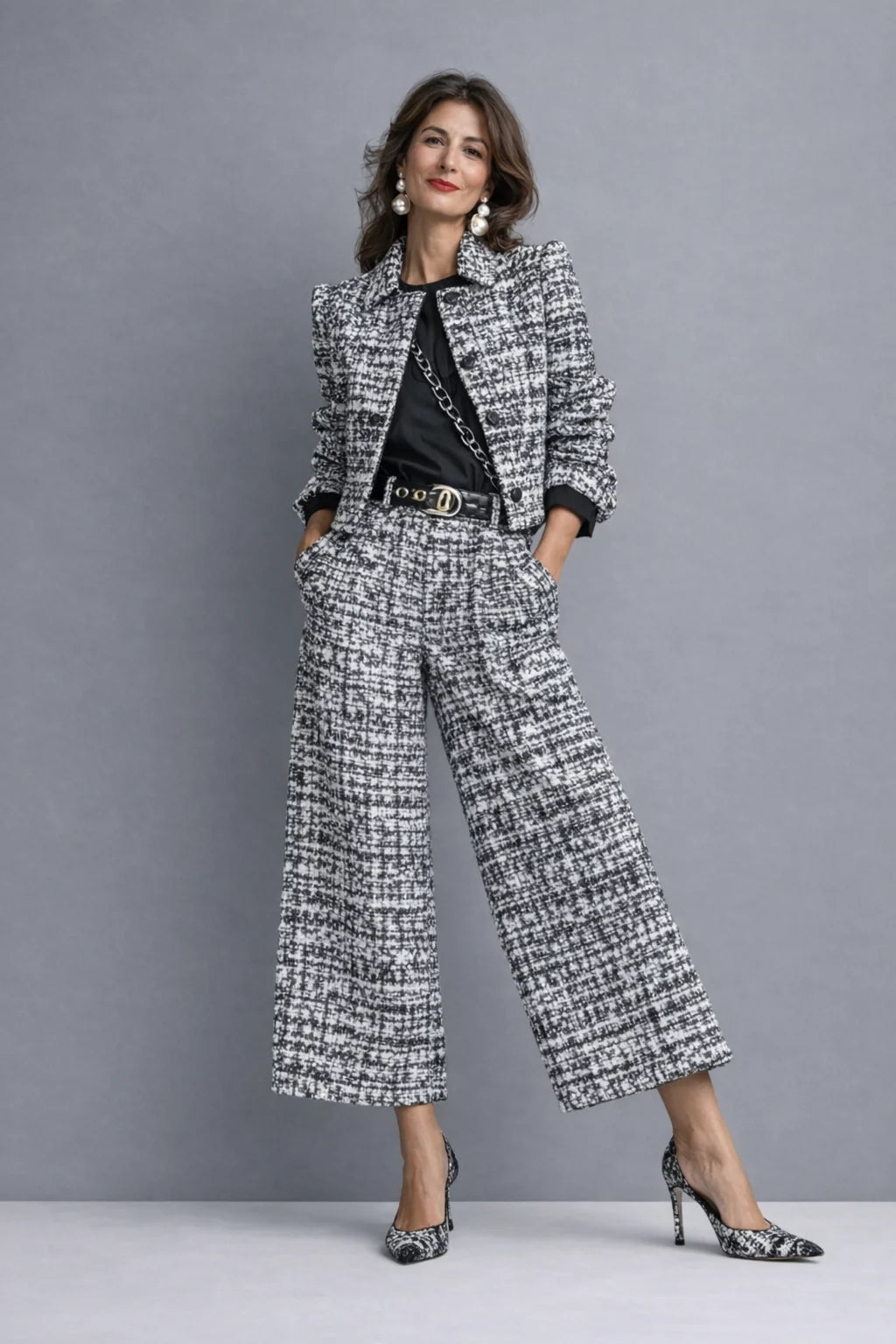 Meredith Textured Cropped Jacket Two-Piece Set in Grey