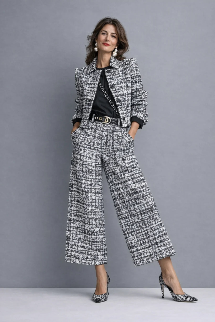 Meredith Textured Cropped Jacket Two-Piece Set in Grey