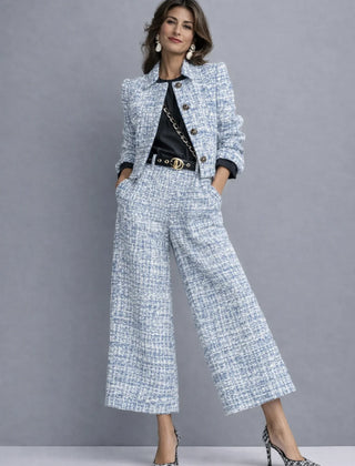Meredith Textured Cropped Jacket Two-Piece Set in Blue