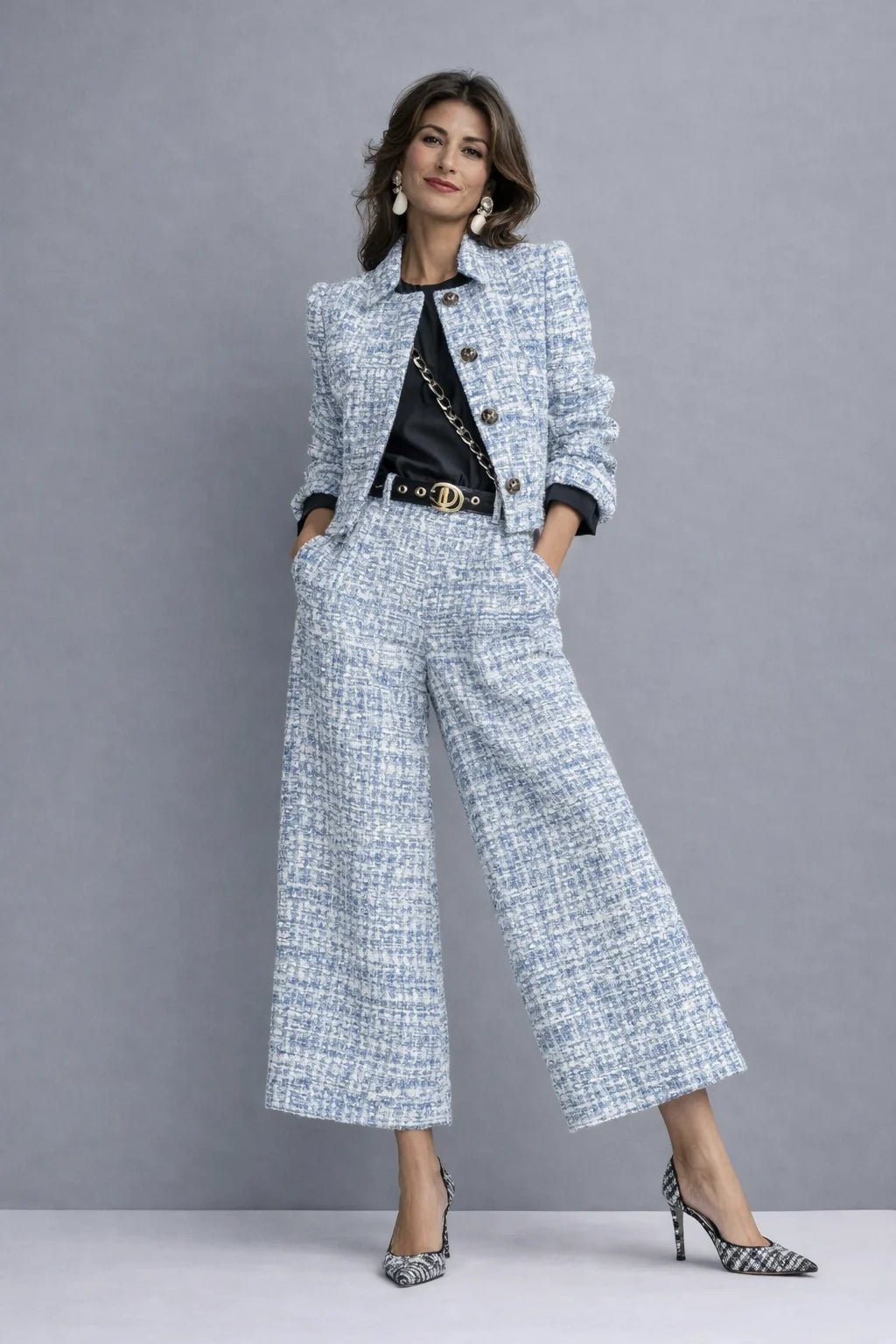 Meredith Textured Cropped Jacket Two-Piece Set in Blue
