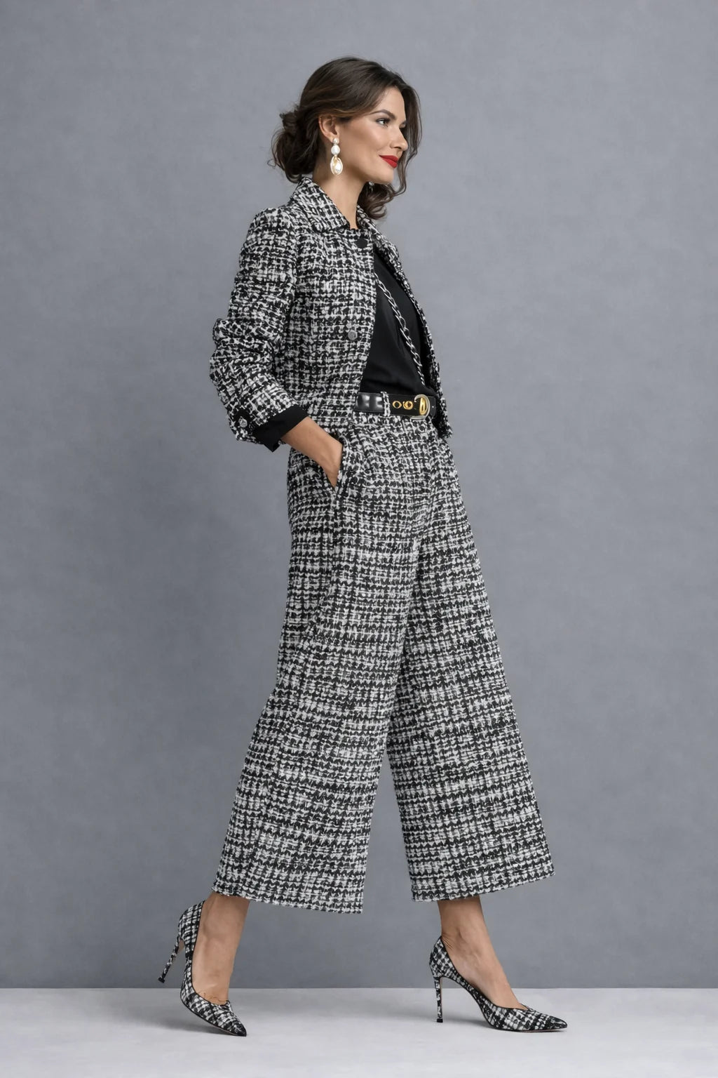 Meredith Textured Cropped Jacket Two-Piece Set in Blue
