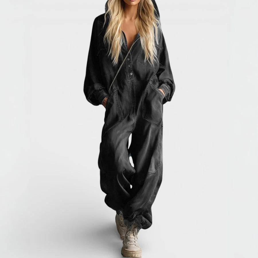 Mia Hooded Utility Jumpsuit in Washed Black