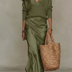 Michelle V-Neck Sweater & Slip Dress Two-Piece Set in Green