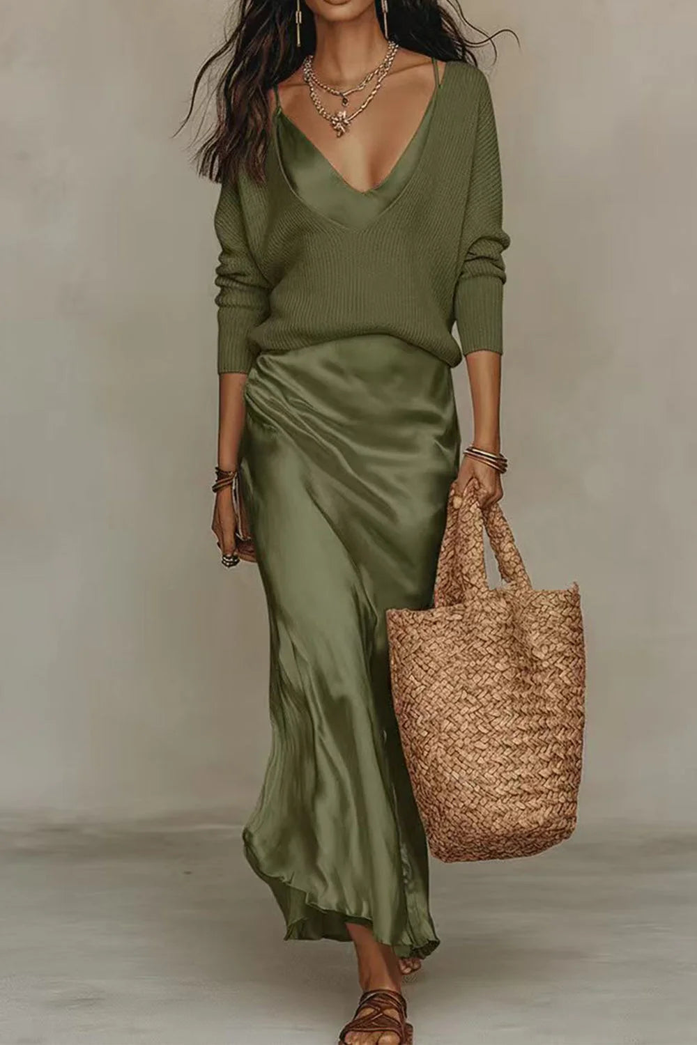 Michelle V-Neck Sweater & Slip Dress Two-Piece Set in Green