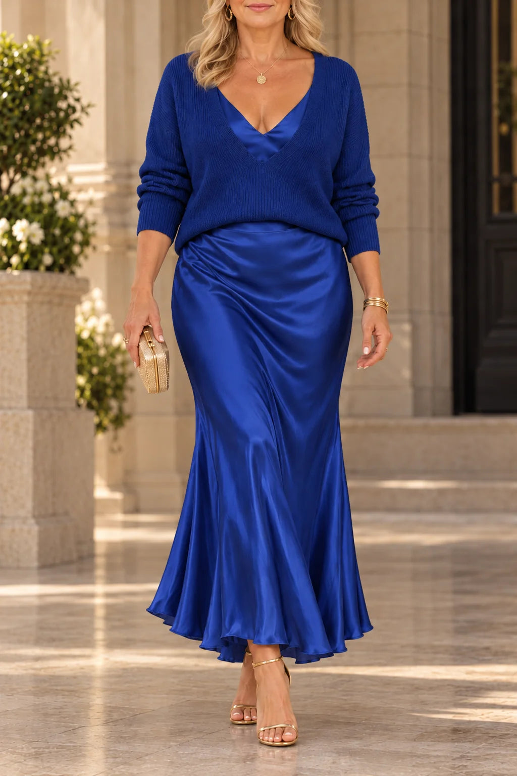 Michelle V-Neck Sweater & Slip Dress Two-Piece Set in Blue