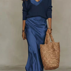 Michelle V-Neck Sweater & Slip Dress Two-Piece Set in Blue