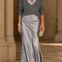 Michelle V-Neck Sweater & Slip Dress Two-Piece Set in Grey