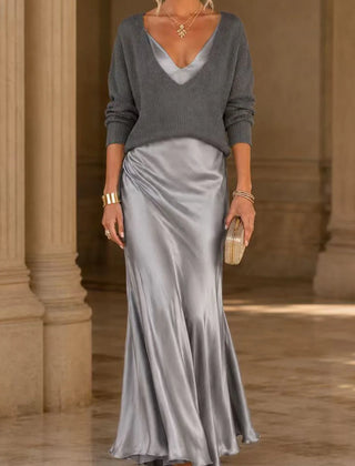 Michelle V-Neck Sweater & Slip Dress Two-Piece Set in Grey