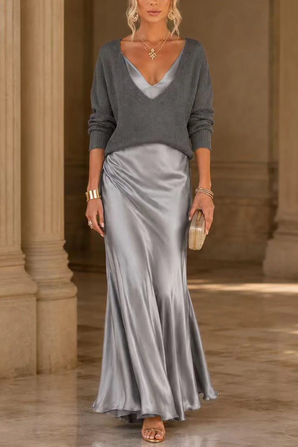 Michelle V-Neck Sweater & Slip Dress Two-Piece Set in Grey