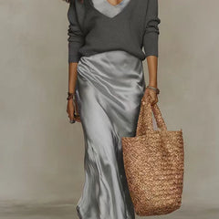 Michelle V-Neck Sweater & Slip Dress Two-Piece Set in Grey