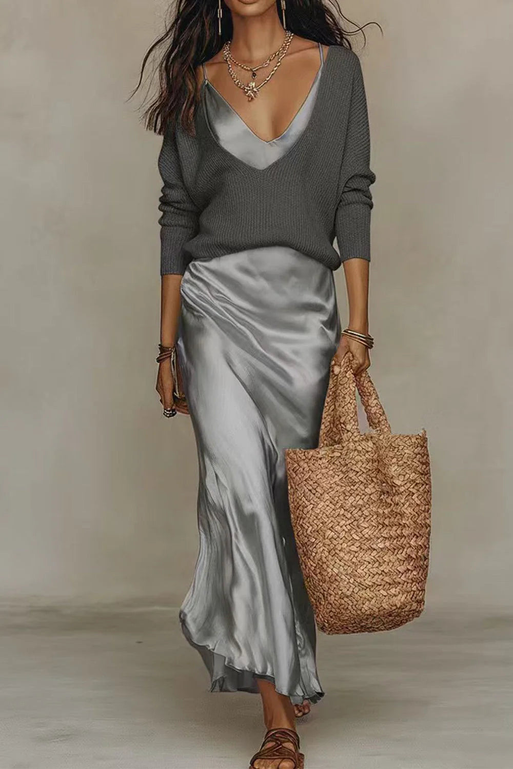Michelle V-Neck Sweater & Slip Dress Two-Piece Set in Grey