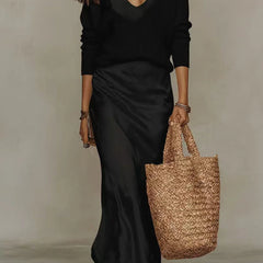 Michelle V-Neck Sweater & Slip Dress Two-Piece Set in Black