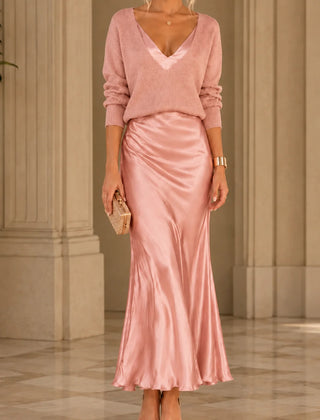 Michelle V-Neck Sweater & Slip Dress Two-Piece Set in Pink