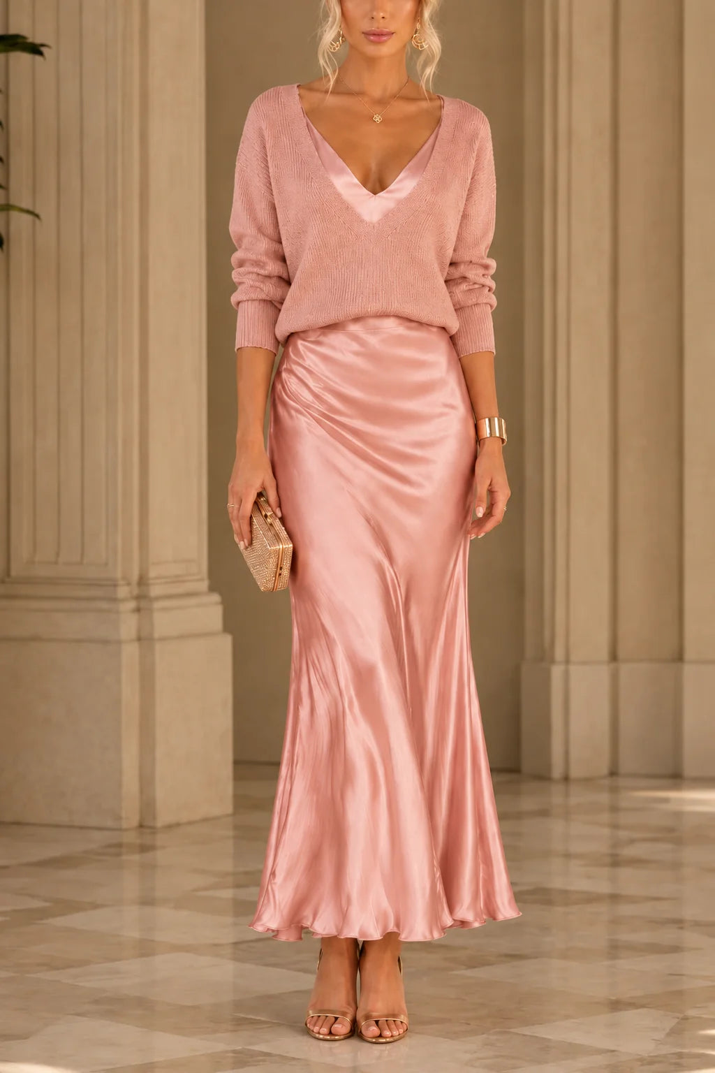 Michelle V-Neck Sweater & Slip Dress Two-Piece Set in Pink