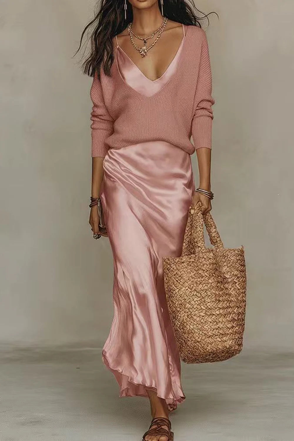 Michelle V-Neck Sweater & Slip Dress Two-Piece Set in Pink