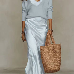 Michelle V-Neck Sweater & Slip Dress Two-Piece Set in Light Blue