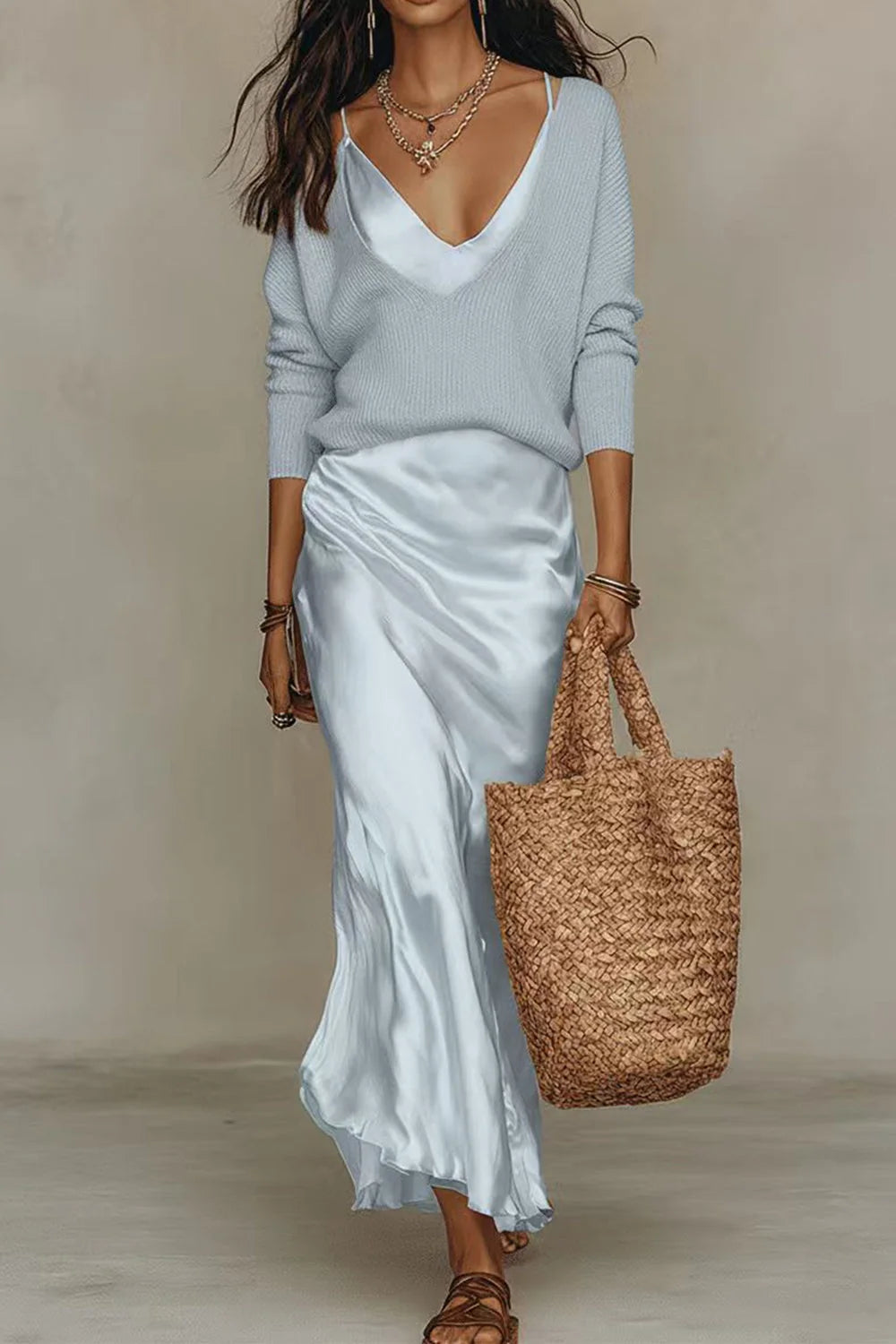 Michelle V-Neck Sweater & Slip Dress Two-Piece Set in Light Blue
