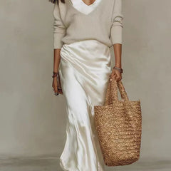 Michelle V-Neck Sweater & Slip Dress Two-Piece Set in Cream