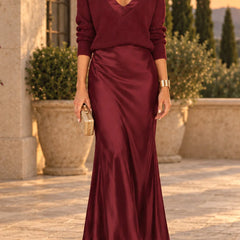 Michelle V-Neck Sweater & Slip Dress Two-Piece Set in Burgundy