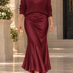 Michelle V-Neck Sweater & Slip Dress Two-Piece Set in Burgundy