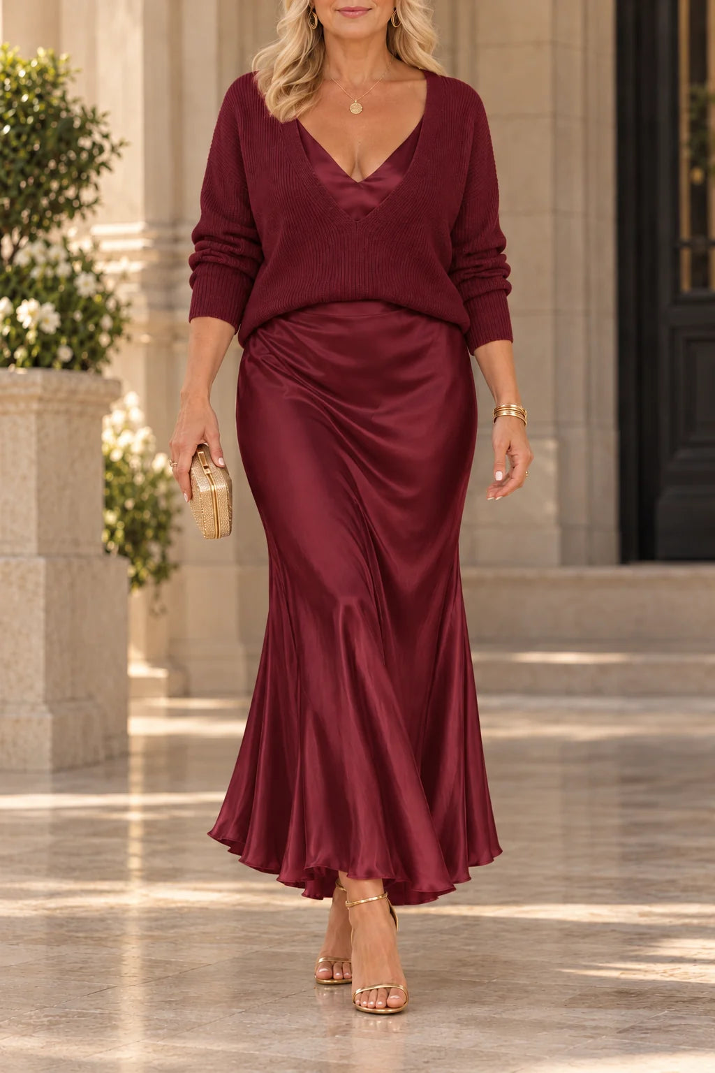 Michelle V-Neck Sweater & Slip Dress Two-Piece Set in Burgundy