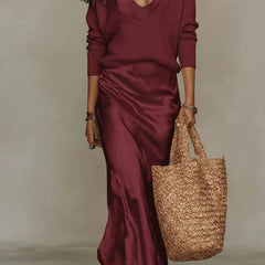 Michelle V-Neck Sweater & Slip Dress Two-Piece Set in Burgundy
