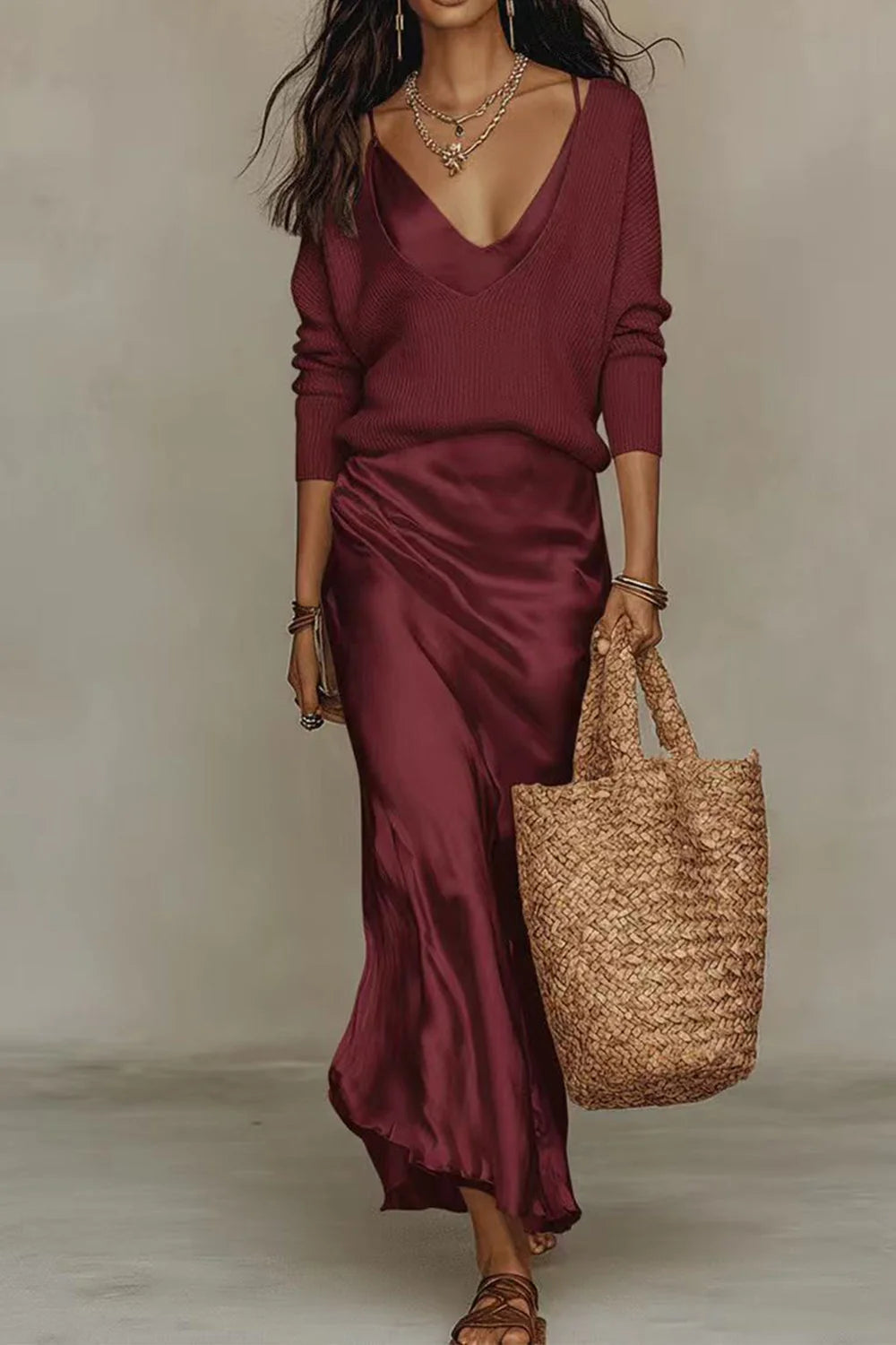 Michelle V-Neck Sweater & Slip Dress Two-Piece Set in Burgundy