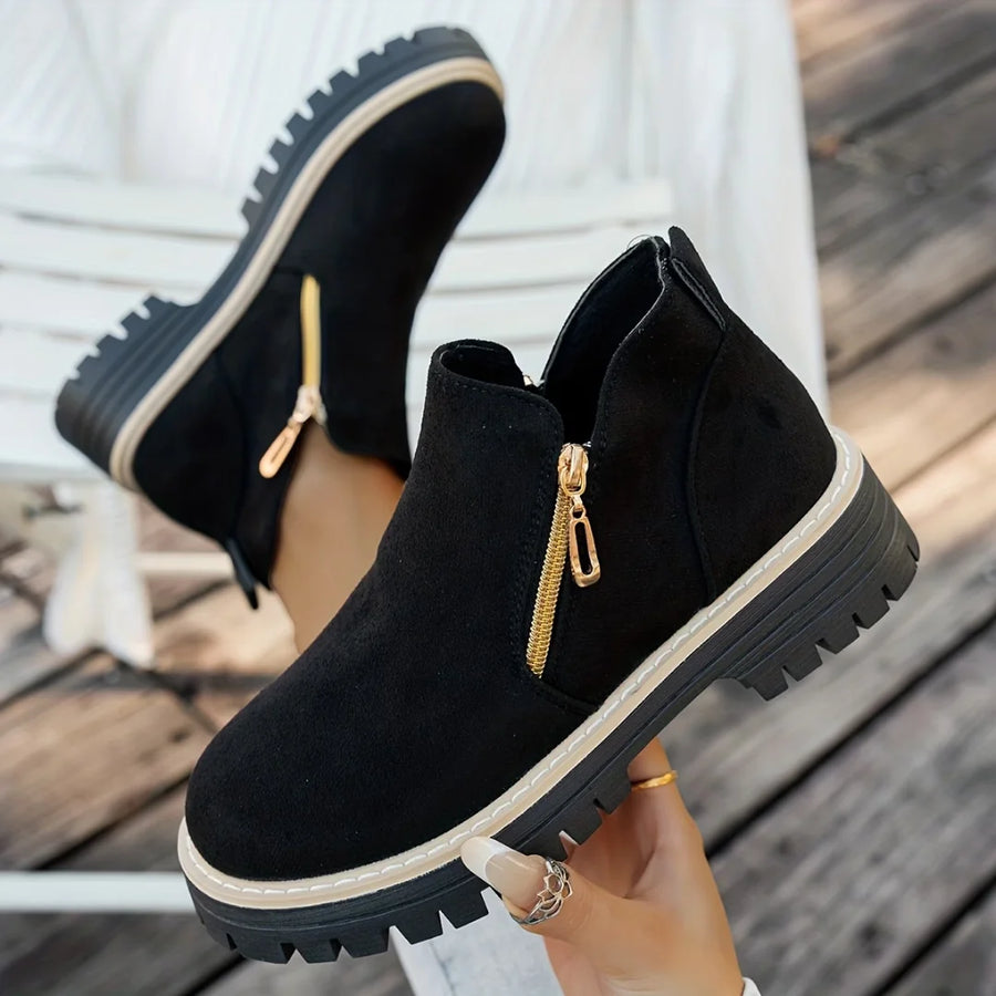 Mirabel Side-Zip Lug Sole Ankle Boots in Black