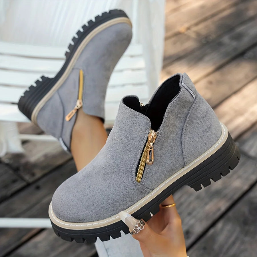 Mirabel Side-Zip Lug Sole Ankle Boots in Grey