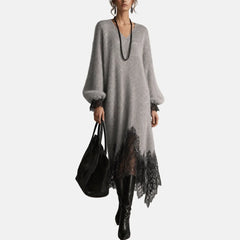 Mireille Lace-Trim Midi Sweater Dress in Light Grey