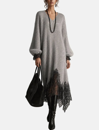 Mireille Lace-Trim Midi Sweater Dress in Light Grey