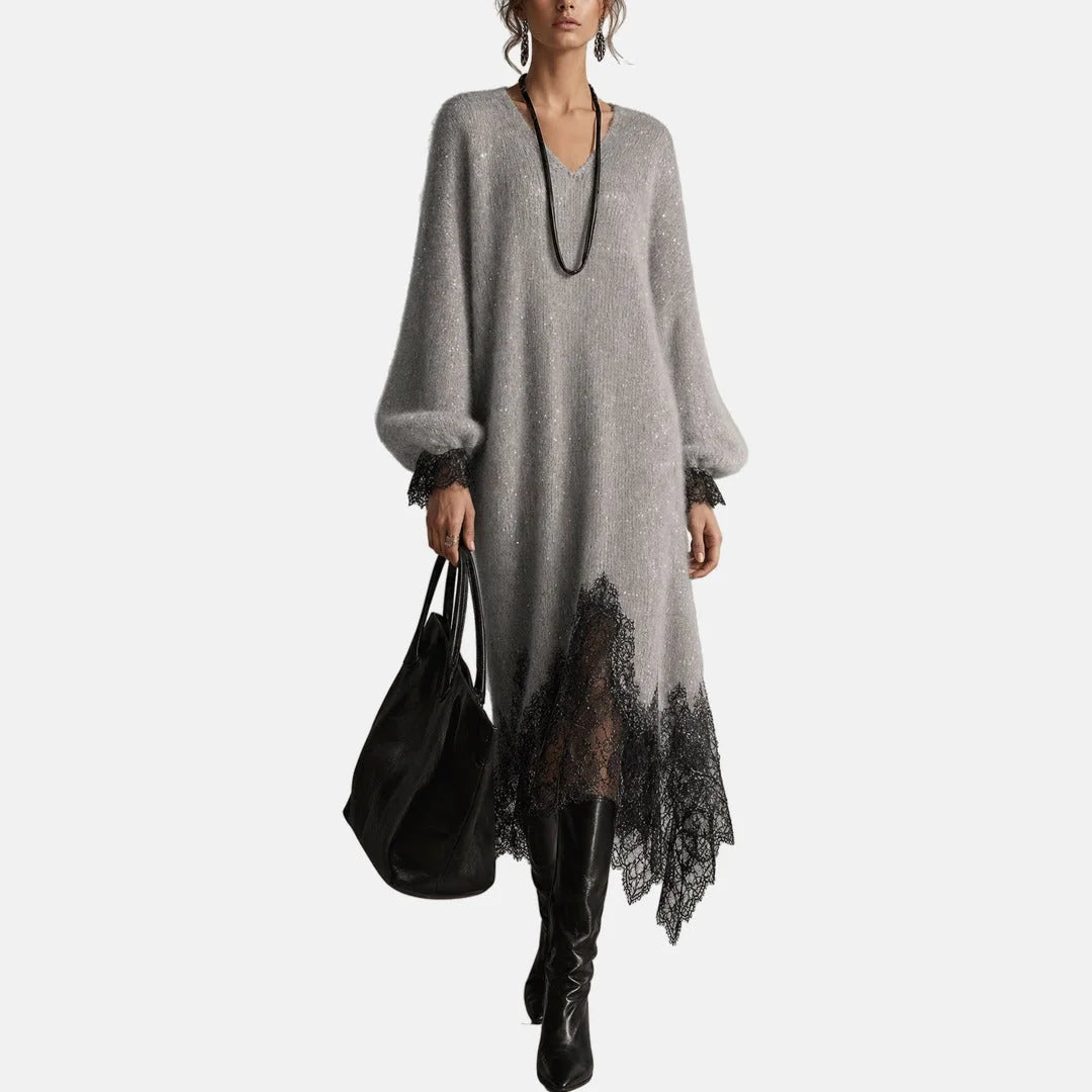 Mireille Lace-Trim Midi Sweater Dress in Light Grey