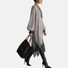 Mireille Lace-Trim Midi Sweater Dress in Light Grey