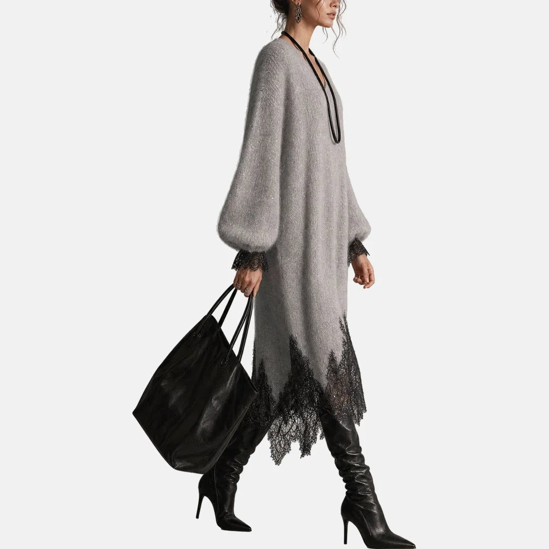 Mireille Lace-Trim Midi Sweater Dress in Light Grey