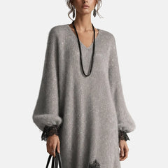 Mireille Lace-Trim Midi Sweater Dress in Light Grey