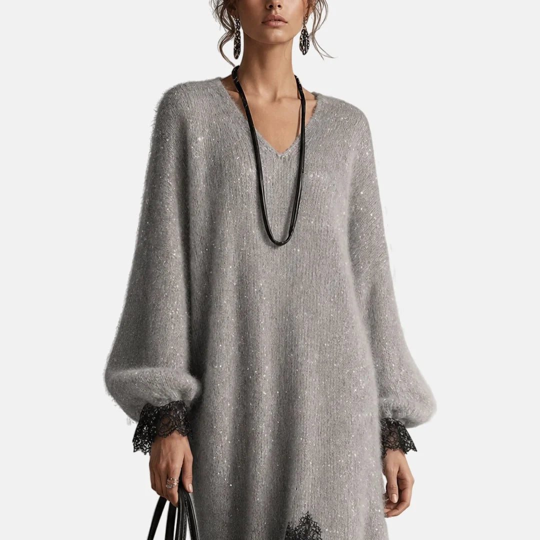 Mireille Lace-Trim Midi Sweater Dress in Light Grey