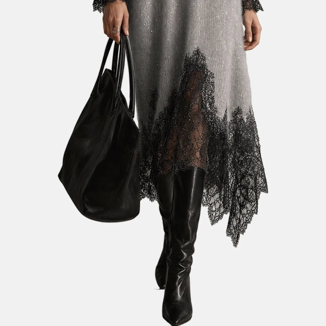 Mireille Lace-Trim Midi Sweater Dress in Light Grey