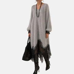 Mireille Lace-Trim Midi Sweater Dress in Light Grey