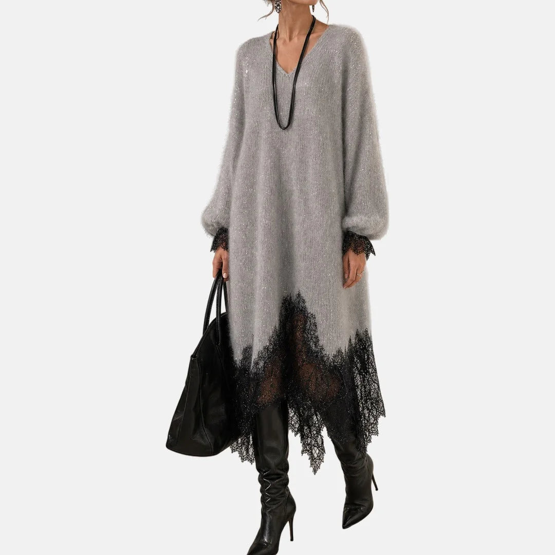 Mireille Lace-Trim Midi Sweater Dress in Light Grey