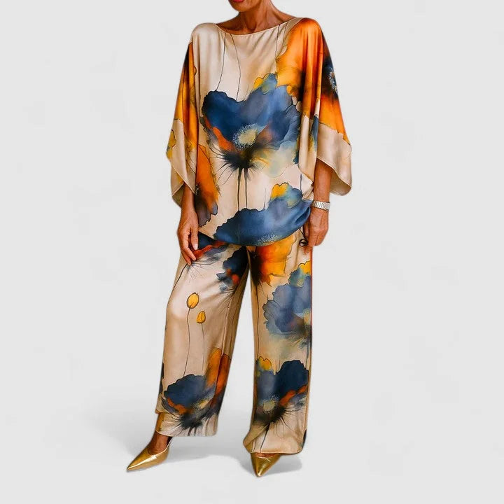 Monica Watercolour Floral Two-Piece Set in Navy