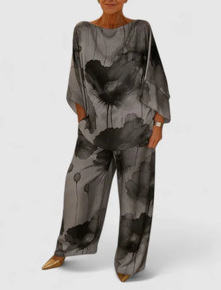 Monica Watercolour Floral Two-Piece Set in Silver Grey