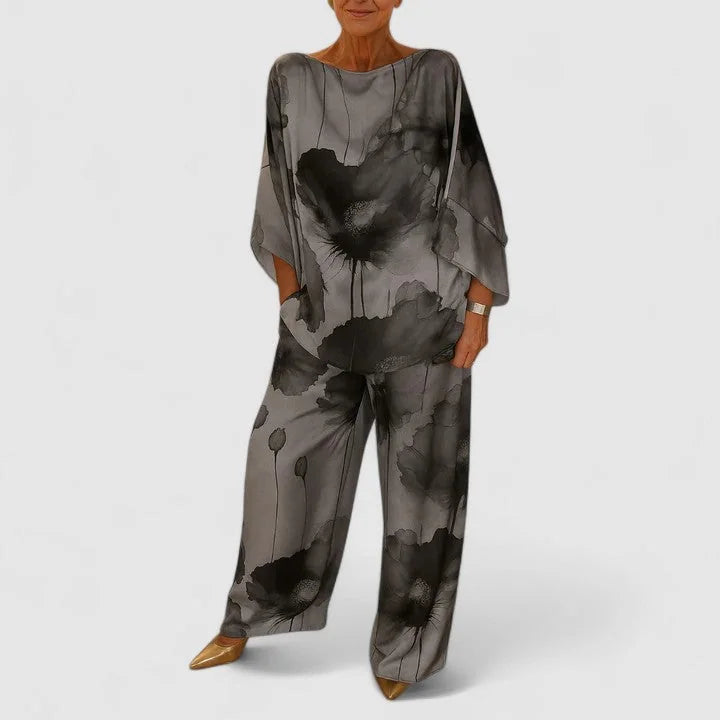 Monica Watercolour Floral Two-Piece Set in Silver Grey