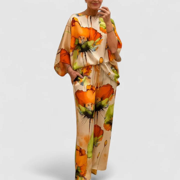 Monica Watercolour Floral Two-Piece Set in Mandarin Orange