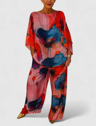 Monica Watercolour Floral Two-Piece Set in Pink Red