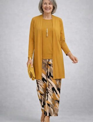 Muriel Mustard Cardigan Three-Piece Set in Mustard Yellow