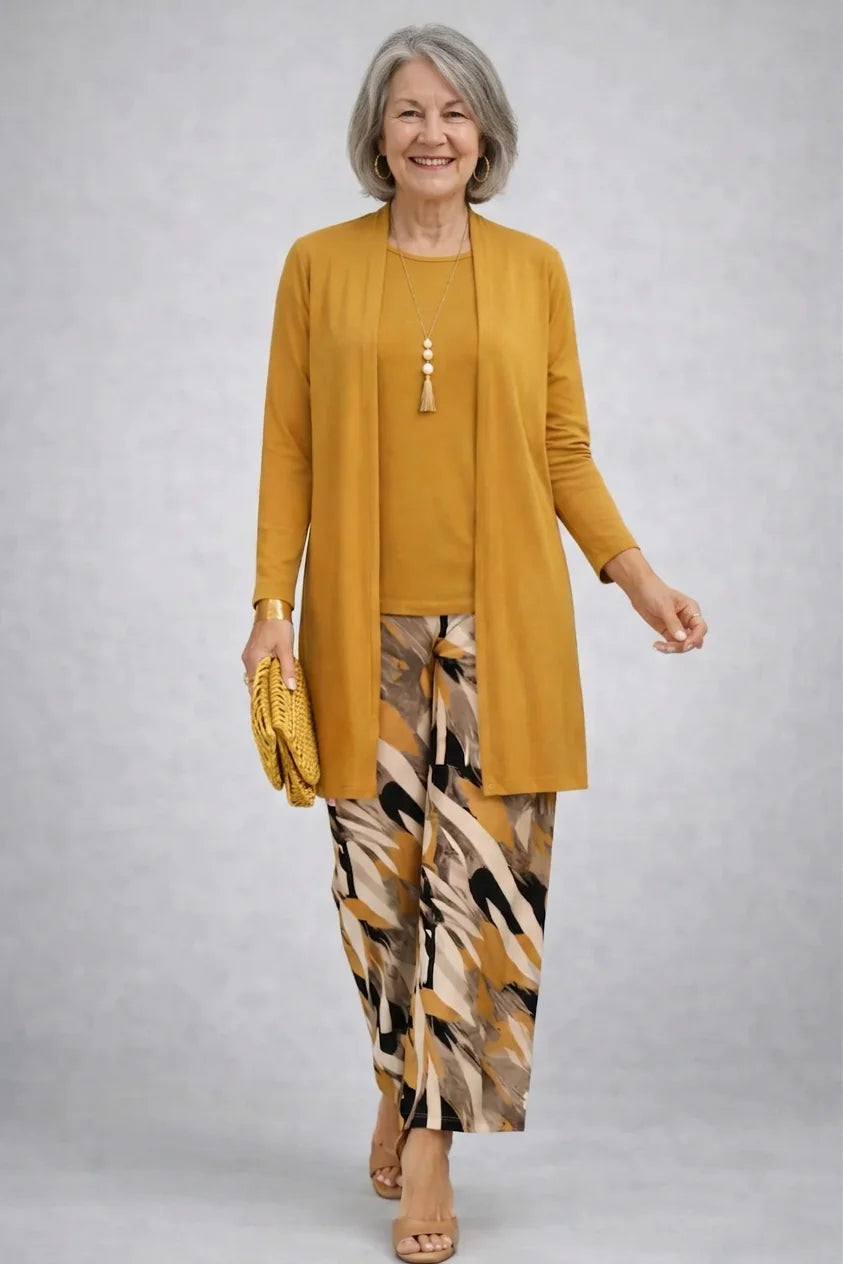 Muriel Mustard Cardigan Three-Piece Set in Mustard Yellow